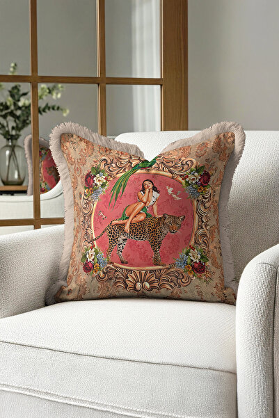 Evimde Bambaşka غطاء وسادة باروكي عتيق ذو شراشيب - غطاء وسادة بوهيمي بشرابة باللون الوردي النوستالجي والأخضر الفهد