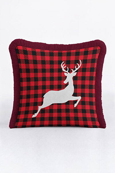 Evimde Bambaşka Husă de pernă cu franjuri cu figurină de cerb în carouri - Husă de pernă cu franjuri, rustică de iarnă, burgundă, neagră