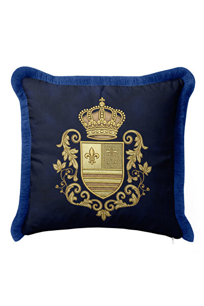 Evimde Bambaşka غطاء وسادة فاخر مزين بشراشيب من أسل ساراي - غطاء وسادة كلاسيكي مزين بشراشيب باللون الأزرق على الطراز الباروكي