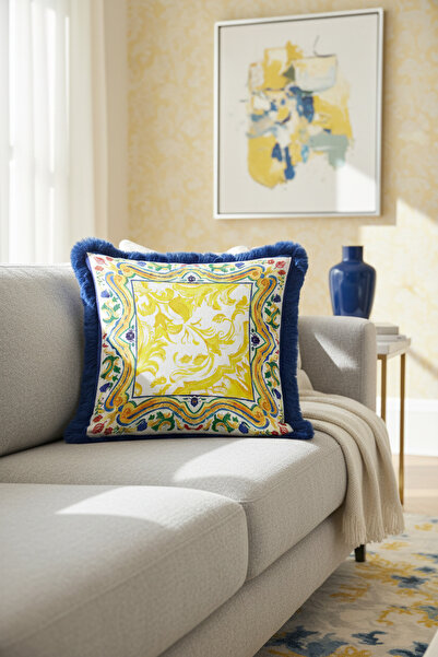 Evimde Bambaşka غطاء وسادة فاخر على الطراز الباروكي - غطاء وسادة كلاسيكي مزين بشراشيب باللون الأزرق الأصفر المتوسطي