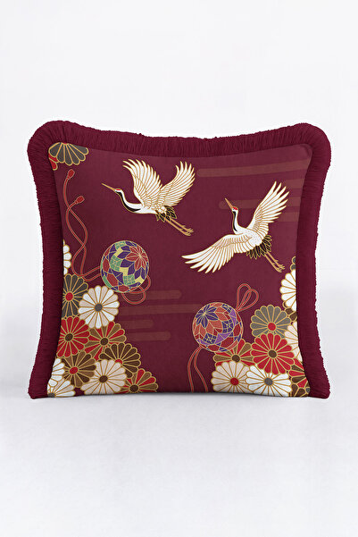 Evimde Bambaşka Japon Turna Kuşu Motifli Saçaklı Yastık Kılıfı - Geleneksel Bohem Bordo Krem Püsküllü Kırlent Kılıfı