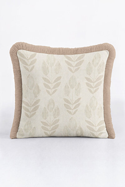 Evimde Bambaşka غطاء وسادة أنيق بتصميم أوراق الشجر مع شراشيب - غطاء وسادة ناعم طبيعي بلون البيج الاسكندنافي مع شراشيب