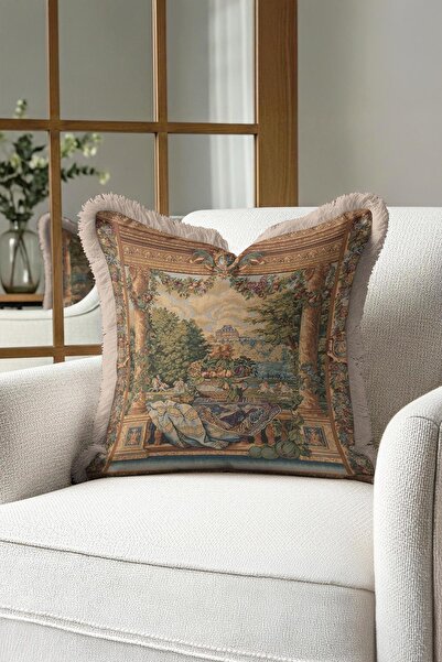 Evimde Bambaşka غطاء وسادة فاخر من باروك ساراي هاردنغ - غطاء وسادة كلاسيكي بلون ذهبي أصلي مع شراشيب