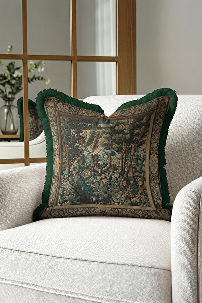 Evimde Bambaşka Avangart Vintage Orman Lüx Saçaklı Yastık Kılıfı-Orman Manzaralı Avangard Püsküllü Kırlent Kılıfı