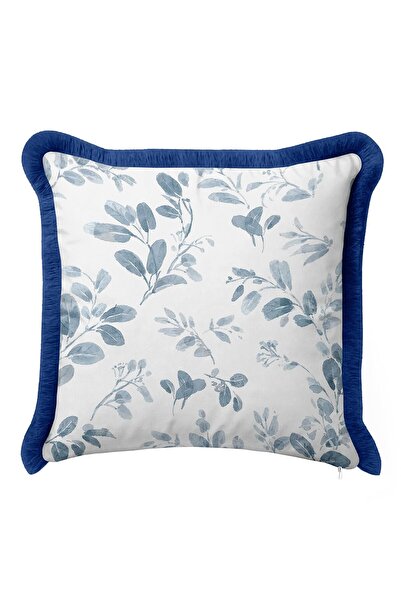 Evimde Bambaşka غطاء وسادة مزين بأوراق شجر زرقاء مائية - غطاء وسادة عصري بحواف زرقاء مخططة طبيعية مع شراشيب