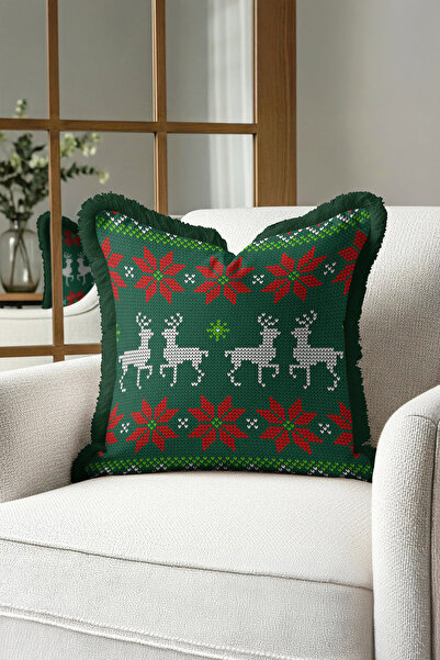 Evimde Bambaşka غطاء وسادة من الصنوبر الاسكندنافي ذو شراشيب - غطاء وسادة شتوي ريفي باللون الأخضر والأحمر مع شراشيب