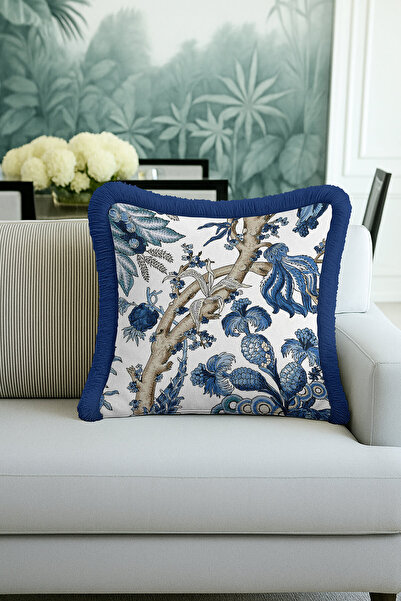 Evimde Bambaşka غطاء وسادة فاخر مزين بالشراشيب - غطاء وسادة مزين بالشراشيب باللون الأزرق الكريمي من أكدينيز جاردن كانتري