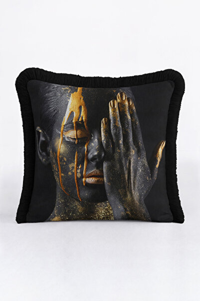 Evimde Bambaşka Husă de pernă artistică cu franjuri de culoare aurie neagră a...