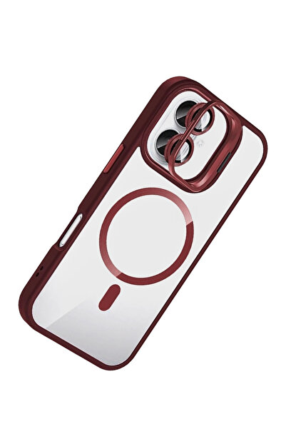 Fuchsia Apple iPhone 16 Remim Lensli Magsafe Standlı Kapak - Bordo