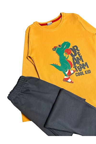 ALİŞ KİDS Erkek Çocuk Pamuklu Sarı Dinozor Desenli Uzun Kollu Pijama Takımı