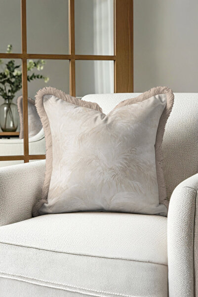 Evimde Bambaşka Zarif Tropikal Saçaklı Yastık Kılıfı - Doğal Etnik Bej Püsküllü Kırlent Kılıfı