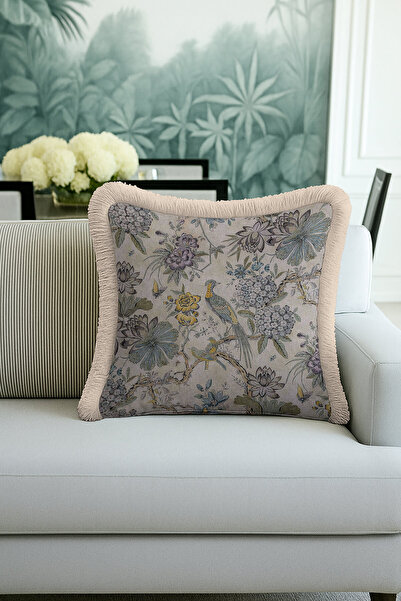 Evimde Bambaşka Husă de pernă cu franjuri cu flori de pasăre de lux - Husă de...