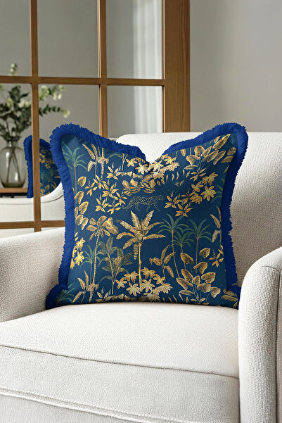 Evimde Bambaşka Husă de pernă cu franjuri de culoare aurie cu frunze tropical...