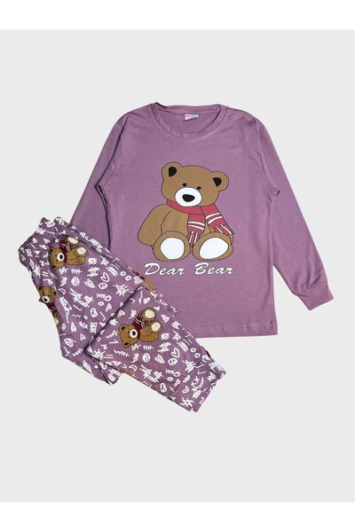ALİŞ KİDS Girl's Cotton Lilac Color Teddy Bear Patterned Long Sleeve Pajama Set