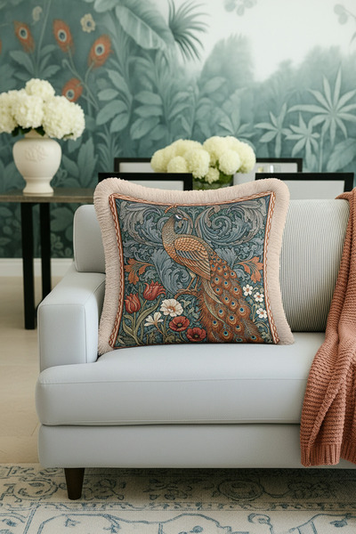 Evimde Bambaşka Saray İhtişamı Lüx Saçaklı Yastık Kılıfı-Etnik Tavuskuşu Çiçek Motifli Püsküllü Kırlent Kılıfı