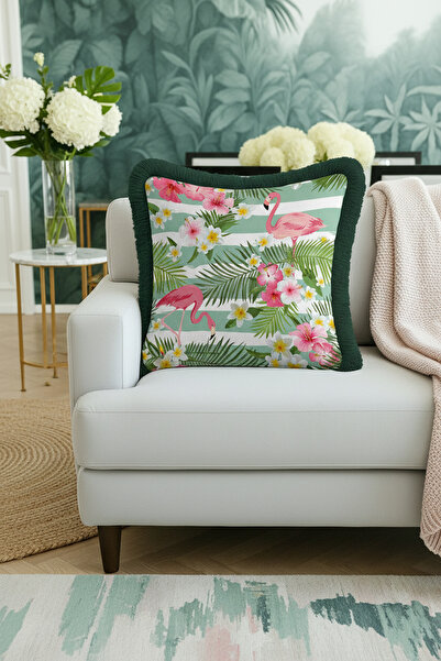 Evimde Bambaşka Husă de pernă cu franjuri cu flori de flamingo tropical - Hus...