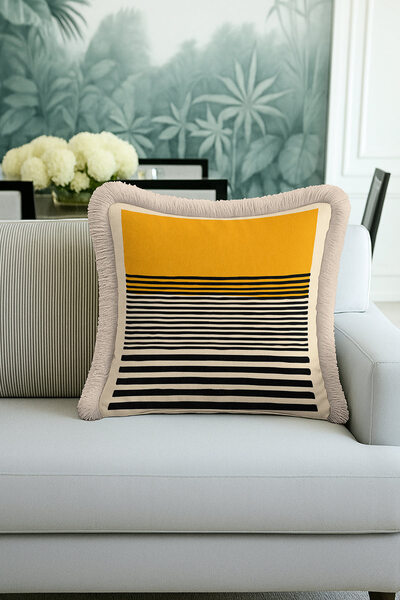 Evimde Bambaşka غطاء وسادة عصري مخطط بحواف مزركشة - غطاء وسادة بسيط بألوان أص...