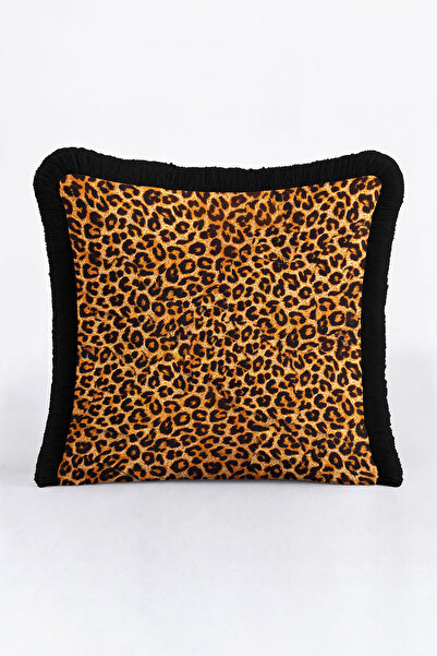 Evimde Bambaşka غطاء وسادة فاخر بشرابة على شكل فهد - غطاء وسادة بشرابة باللون الأسود الذهبي البوهيمي الأنيق