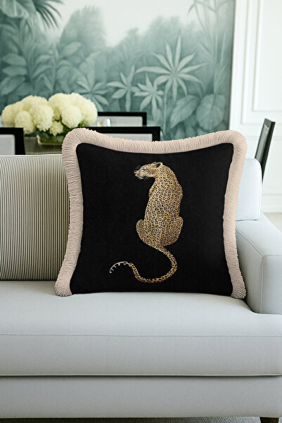 Evimde Bambaşka Πολυτελής μαξιλαροθήκη με μοτίβο λεοπάρδαλης με κρόσσια-Μαξιλ...