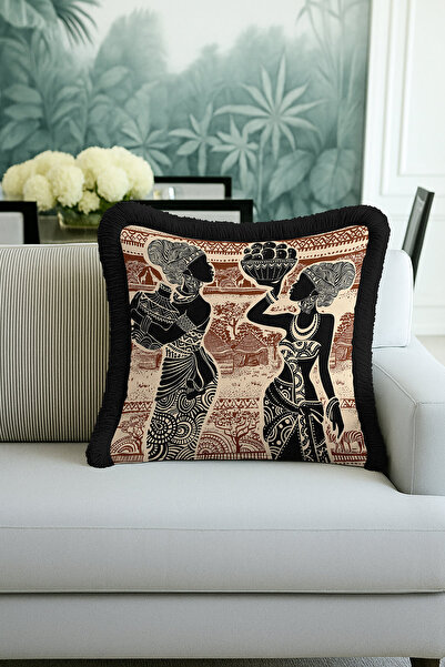 Evimde Bambaşka غطاء وسادة مزين بالشراشيب من الفن الأفريقي العرقي - غطاء وساد...