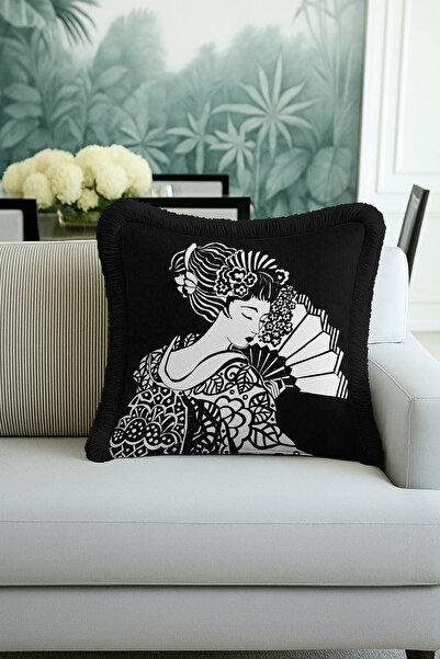 Evimde Bambaşka غطاء وسادة مزين بشراشيب باللونين الأسود والأبيض مستوحى من الط...