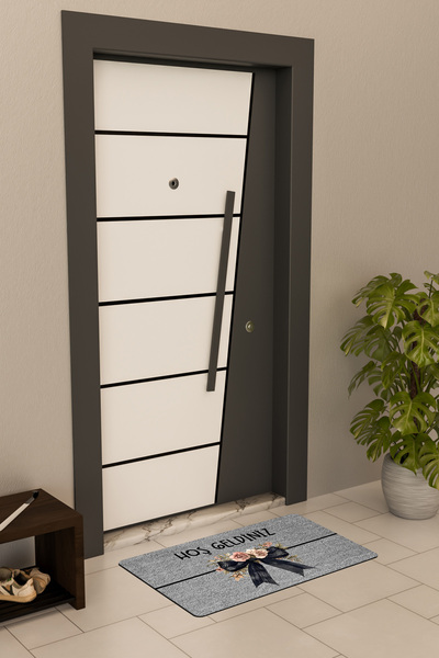 Dormot Yüksek Kaliteli Dijital Baskı Gri, Standart Hoşgeldiniz Kurdale temalı Kapı Önü Paspası