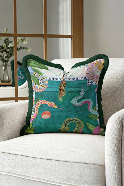 Evimde Bambaşka Exotic Animals Motif Fringed Pillowcase - Tropical Bohemian G...