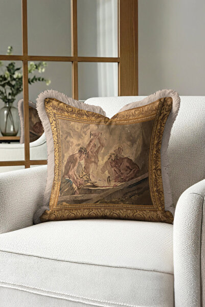 Evimde Bambaşka غطاء وسادة فاخر من باروك ساري بتصميم كلاسيكي مع شراشيب - غطاء وسادة ذهبي اللون مع شراشيب كلاسيكية