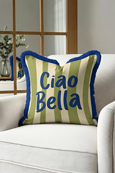 Evimde Bambaşka Modern Çizgili Lüx Saçaklı Yastık Kılıfı-Ciao Bella Yazılı Ak...