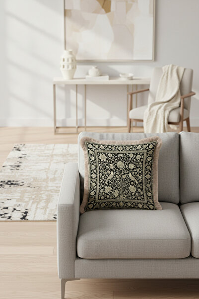 Evimde Bambaşka غطاء وسادة فاخر مزين بزخارف الطيور والزهور على الطراز الباروكي - غطاء وسادة مزين بشراشيب عرقية باللون الأسود الكريمي