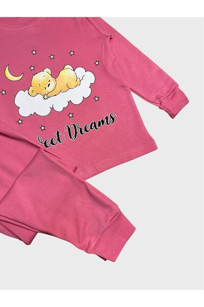 ALİŞ KİDS Girls' Cotton Pink Cloud Moon Star Pattern Long Sleeve Pajama Set