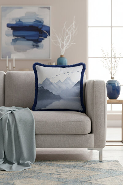 Evimde Bambaşka Husă de pernă cu franjuri cu siluetă de munte elegantă - Husă...