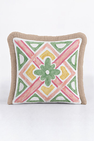 Evimde Bambaşka غطاء وسادة فاخر بتصميم عرقي مع شراشيب - غطاء وسادة هندسي ربيع...