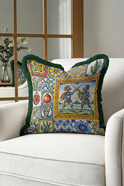 Evimde Bambaşka غطاء وسادة مزين بشراشيب على طراز قصر البحر الأبيض المتوسط ​​-...