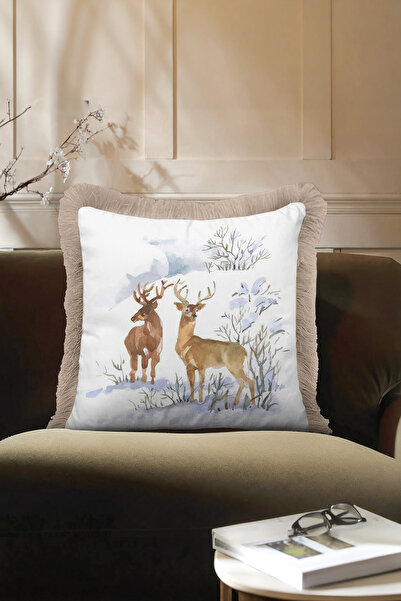 Evimde Bambaşka غطاء وسادة مزين بشراشيب بمناظر شتوية - غطاء وسادة طبيعي بلون ...