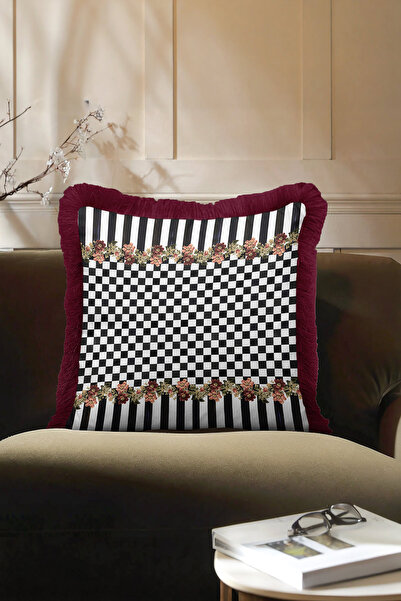 Evimde Bambaşka Πολυτελής ριγέ μαξιλαροθήκη με κρόσσια - Ρετρό ριγέ μαύρο λευ...