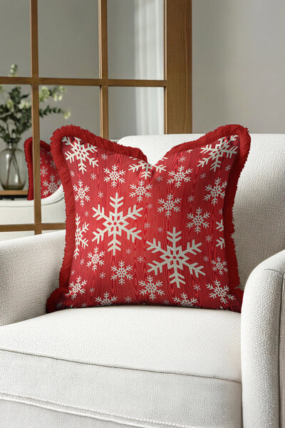 Evimde Bambaşka Μαξιλαροθήκη με χειμωνιάτικο μοτίβο με κρόσσια - Κόκκινη νορδ...