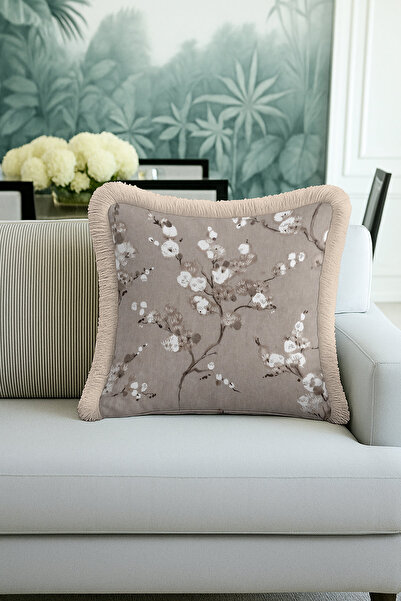 Evimde Bambaşka Lüks Çiçek Motifli Saçaklı Yastık Kılıfı - Doğal Tonlar Japandi Bej Püsküllü Kırlent Kılıfı