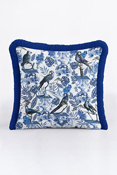 Evimde Bambaşka غطاء وسادة فاخر مزين بشراشيب بنمط الطائر الأزرق - مزهرية رخام...