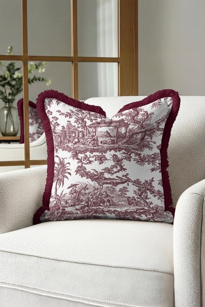 Evimde Bambaşka Royal Vintage Luxury Fringed Pillowcase-Classic Wine Burgundy Country Tufted Throw Pillow Cover