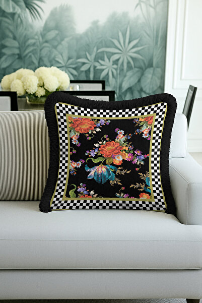 Evimde Bambaşka غطاء وسادة مزين بالزهور باللون الذهبي - غطاء وسادة مربع الشكل...