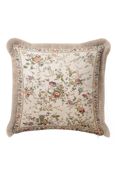 Evimde Bambaşka Vintage Çiçek Motifli Saçaklı Yastık Kılıfı - Zarif Krem Klasik Country Bej Püsküllü Kırlent Kılıfı