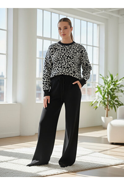 Moda Banuş Knitwear Black and White Bottoms and Tops Pants Set