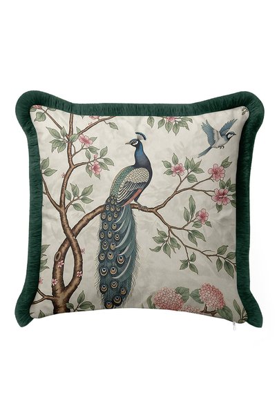 Evimde Bambaşka Peacock Motif Fringed Pillowcase - Elegant Natural Floral Classic Green Tasseled Cushion Cover
