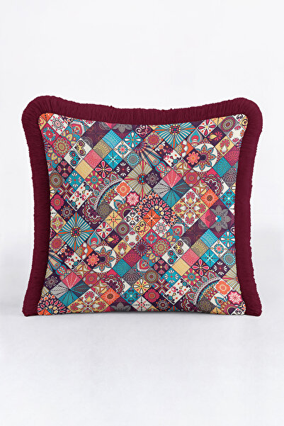 Evimde Bambaşka Etnik Patchwork Saçaklı Yastık Kılıfı - Bohem Çiçekli Mor Turkuaz Püsküllü Kırlent Kılıfı