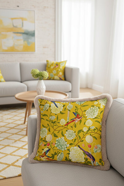 Evimde Bambaşka غطاء وسادة فاخر بتصميم الطيور المزهرة - غطاء وسادة مزين بشراش...