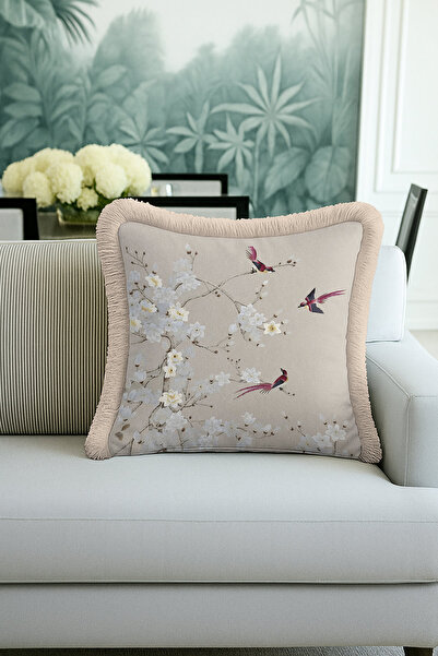 Evimde Bambaşka غطاء وسادة فاخر مزين بشراشيب مع زخارف أزهار وطيور - غطاء وساد...