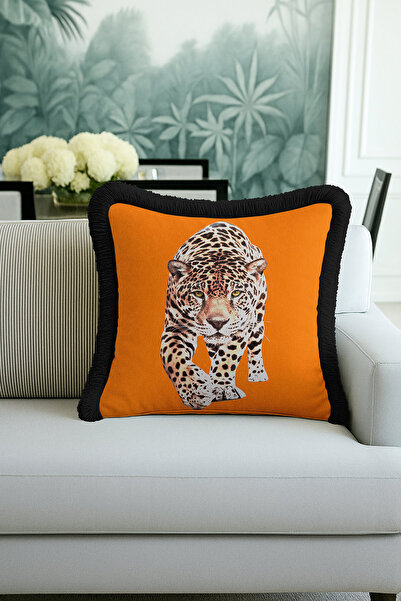 Evimde Bambaşka غطاء وسادة مزين بشراشيب بنمط جاكوار على خلفية برتقالية - غطاء...
