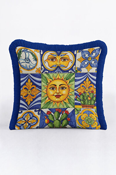 Evimde Bambaşka Akdeniz Motifli Saçaklı Yastık Kılıfı - Seramik Esintili Bohem Mavi Sarı Püsküllü Kırlent Kılıfı