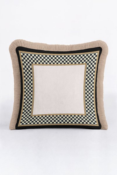 Evimde Bambaşka Luxury Checkered Fringed Pillowcase - Classic Modern Black Cream Gold Color Tassel Throw Pillow Cover